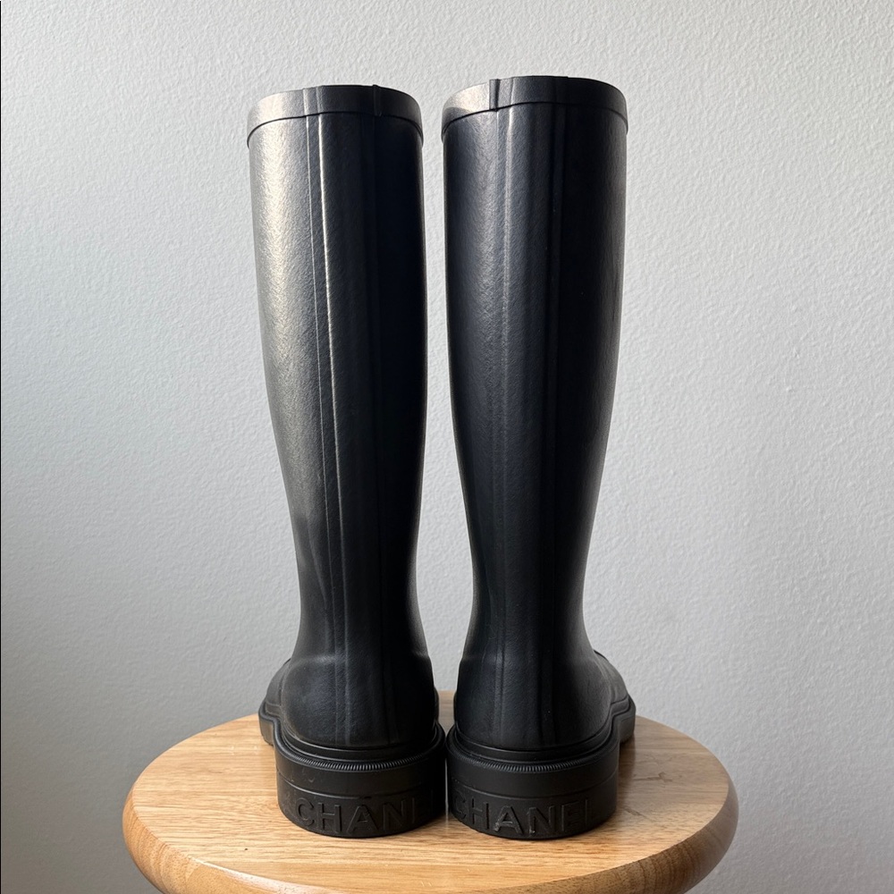 CHANEL Black Tall Rain Boots with White CC Logos - Picture 3 of 5